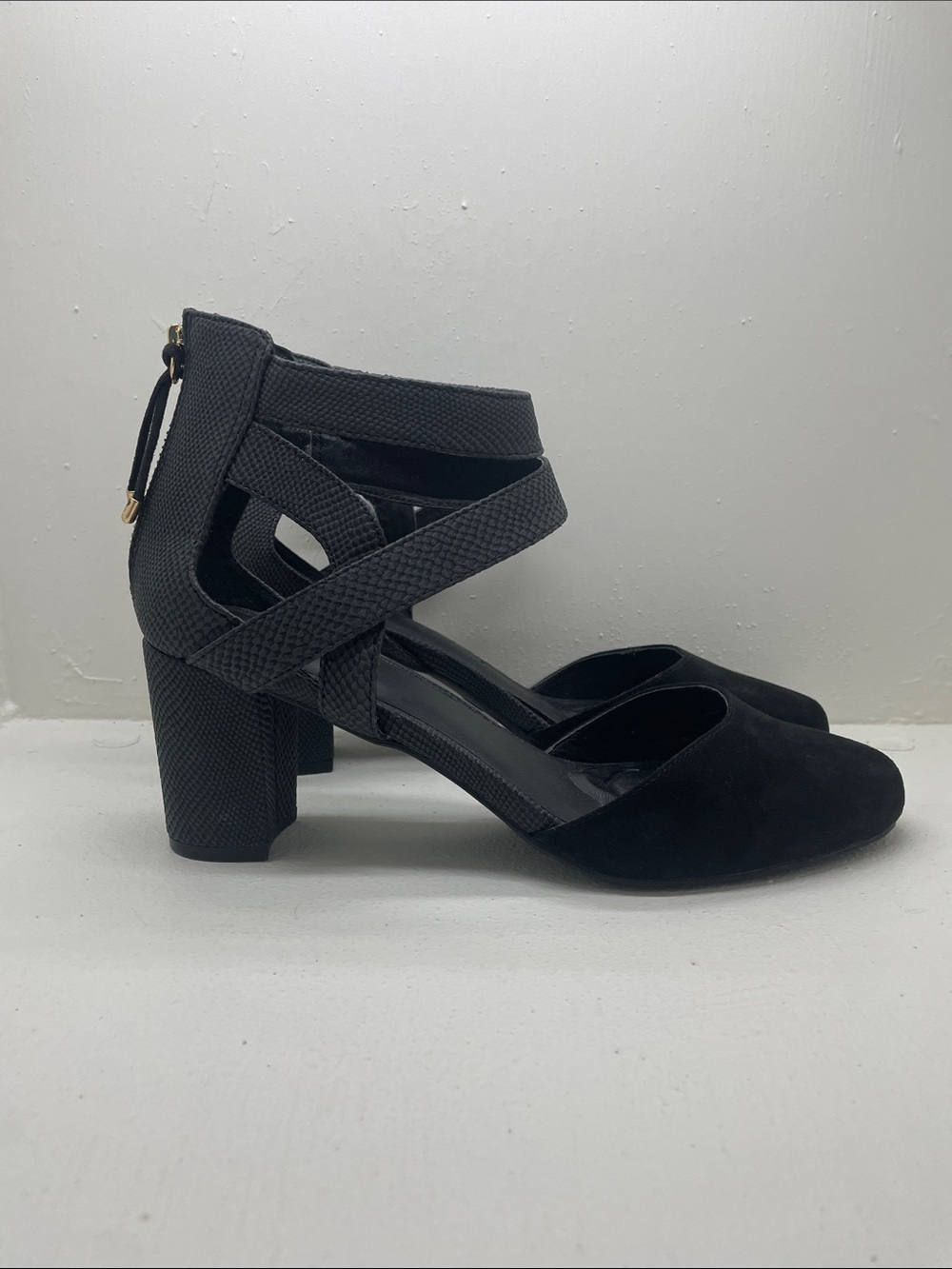 Cato Black Faux Suede Ankle-Strap Heels